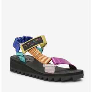 NWOB $159 Kurt Geiger Multicolor Metallic Logo Strappy Wedge Sandals Size 9